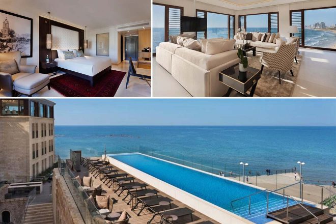 A collage of three images from a Tel Aviv hotel: a bedroom with elegant beachfront views and plush seating, a living room with sophisticated decor overlooking the sea, and a rooftop pool offering expansive views of the shoreline and cityscape.